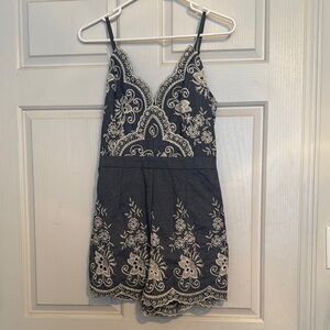 Navy and Cream Embroidered Romper